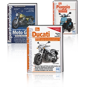 Three repair manuals for Ducati, Moto Guzzi and Piaggio with technical information and photos.